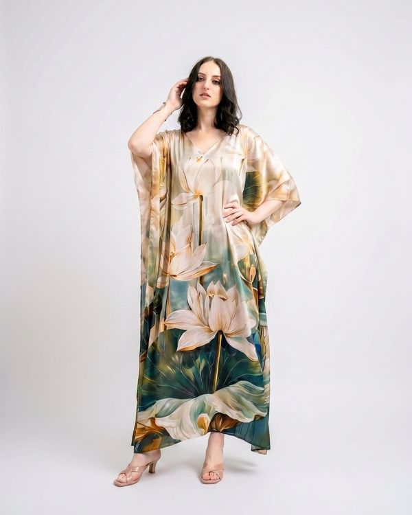 Mrs. SARDARNI Premium Designer Printed Kaftan - Dark Green Lotus