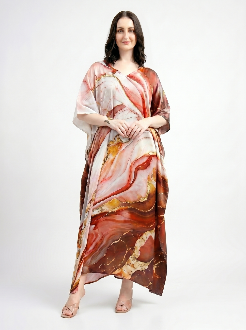 Mrs. SARDARNI Premium Designer Printed Kaftan - Orange Marble
