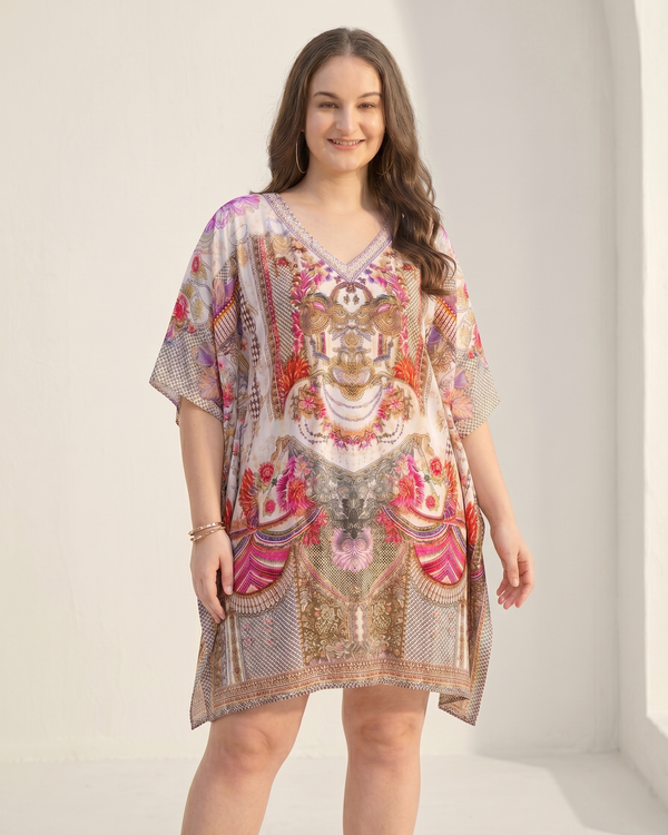 Mrs. SARDARNI Premium Designer Printed Kaftan - Peach Multi Baroque