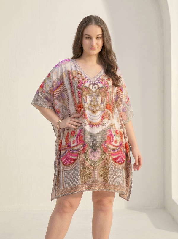 Mrs. SARDARNI Premium Designer Printed Kaftan - Peach Multi Baroque