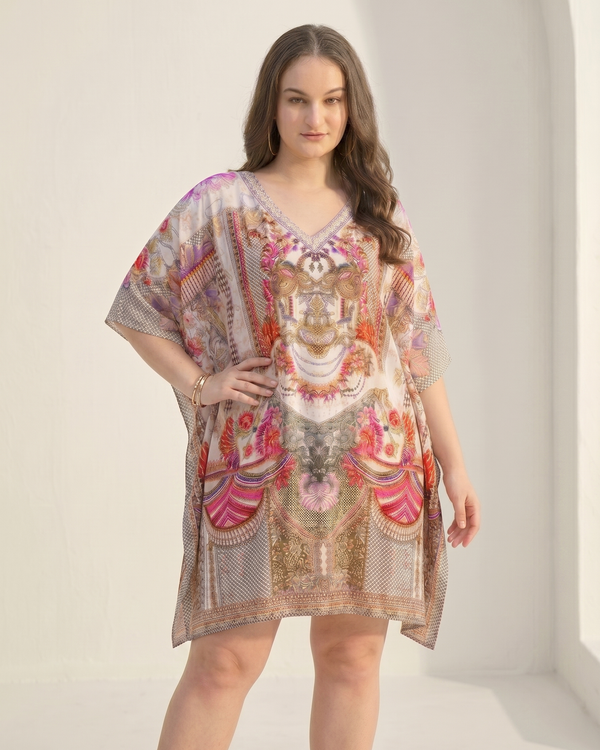 Mrs. SARDARNI Premium Designer Printed Kaftan - Peach Multi Baroque