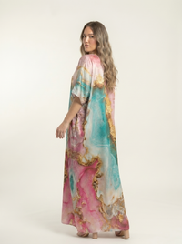 Mrs. SARDARNI Premium Designer Printed Kaftan - Pink Turquoise