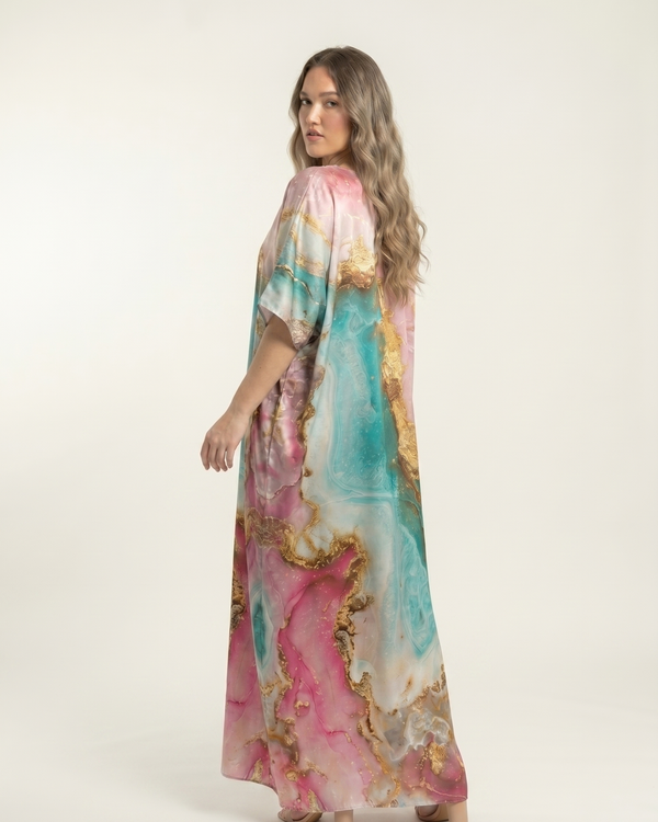 Mrs. SARDARNI Premium Designer Printed Kaftan - Pink Turquoise
