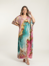 Mrs. SARDARNI Premium Designer Printed Kaftan - Pink Turquoise