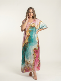 Mrs. SARDARNI Premium Designer Printed Kaftan - Pink Turquoise