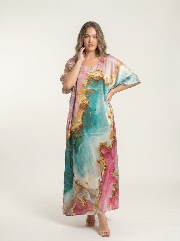 Mrs. SARDARNI Premium Designer Printed Kaftan - Pink Turquoise