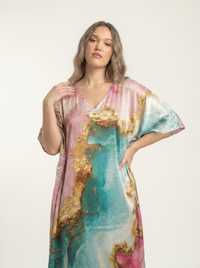 Mrs. SARDARNI Premium Designer Printed Kaftan - Pink Turquoise