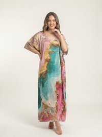 Mrs. SARDARNI Premium Designer Printed Kaftan - Pink Turquoise
