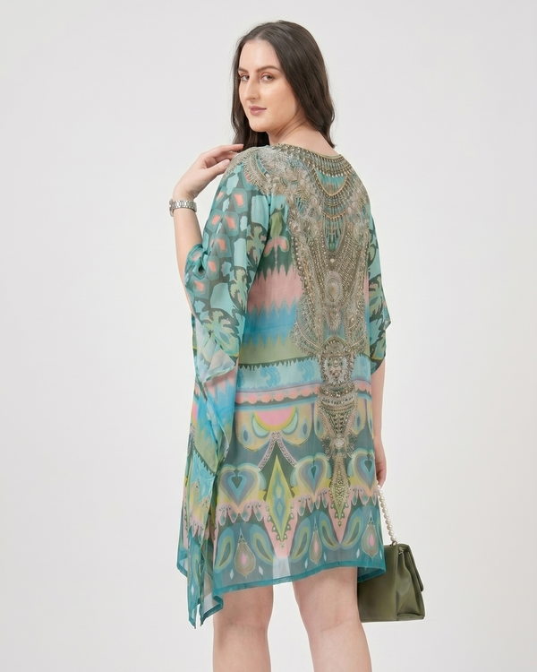 Mrs. SARDARNI Premium Designer Printed Kaftan - Teal Peacock