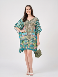 Mrs. SARDARNI Premium Designer Printed Kaftan - Teal Peacock