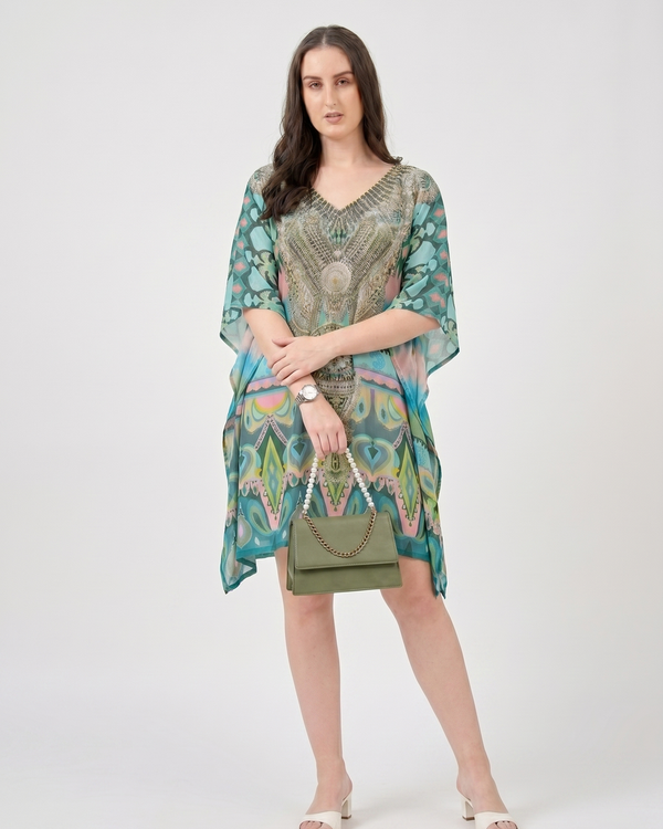 Mrs. SARDARNI Premium Designer Printed Kaftan - Teal Peacock