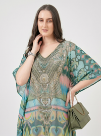 Mrs. SARDARNI Premium Designer Printed Kaftan - Teal Peacock