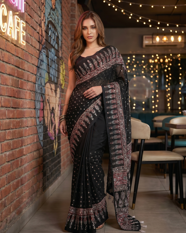 Mrs. SARDARNI Premium Embroidered Stone work Saree - Black