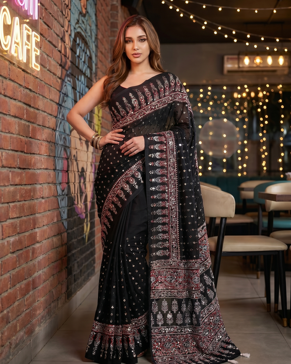 Mrs. SARDARNI Premium Embroidered Stone work Saree - Black