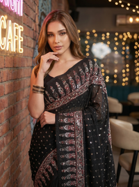 Mrs. SARDARNI Premium Embroidered Stone work Saree - Black