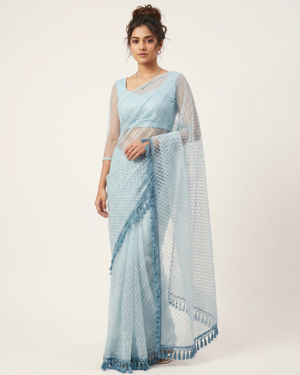 Mrs. SARDARNI Premium Embroidered Net Saree - Light Blue