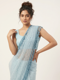 Mrs. SARDARNI Premium Embroidered Net Saree - Light Blue