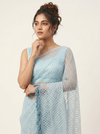 Mrs. SARDARNI Premium Embroidered Net Saree - Light Blue