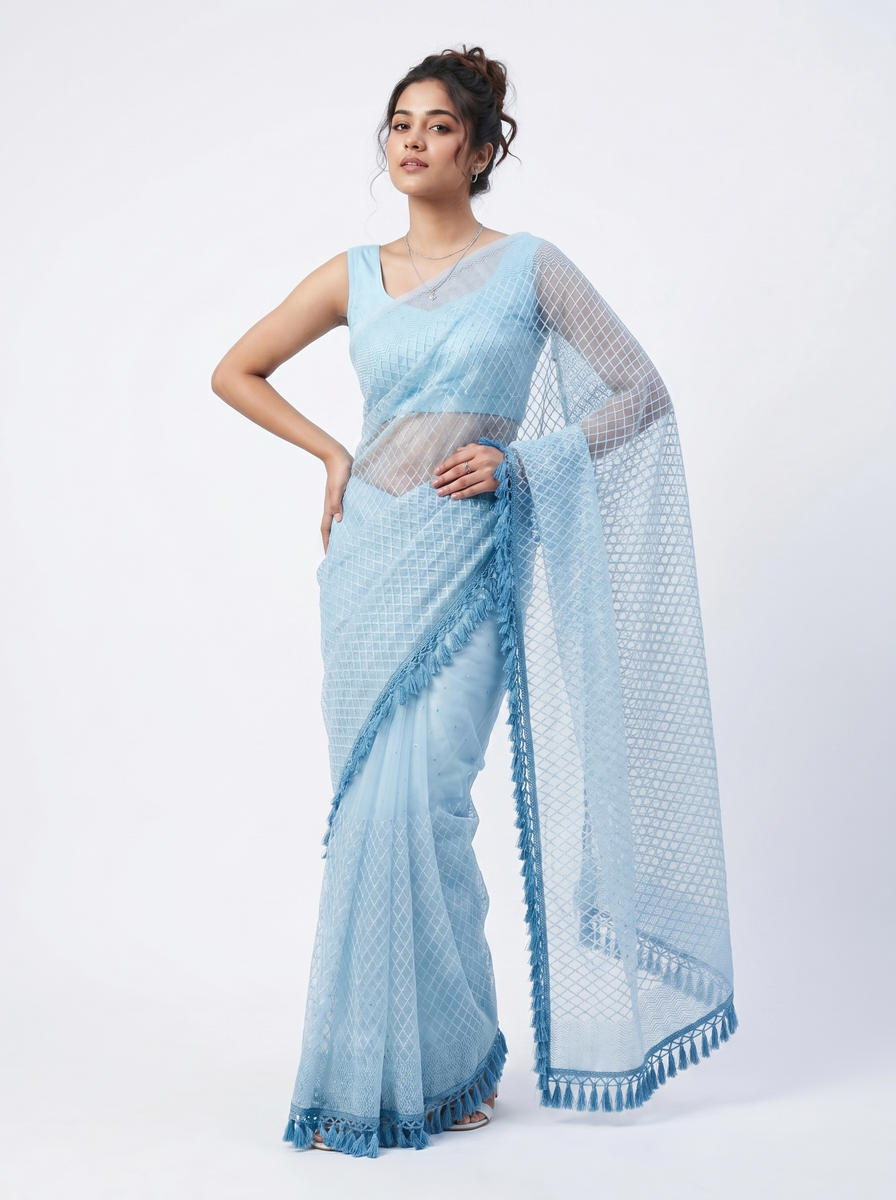 Mrs. SARDARNI Premium Embroidered Net Saree - Light Blue