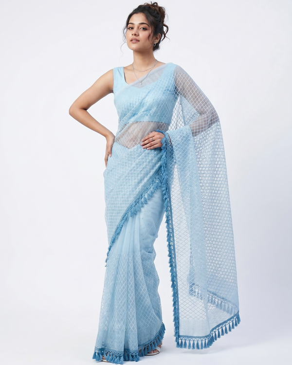 Mrs. SARDARNI Premium Embroidered Net Saree - Light Blue