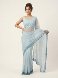 Mrs. SARDARNI Premium Embroidered Net Saree - Light Blue