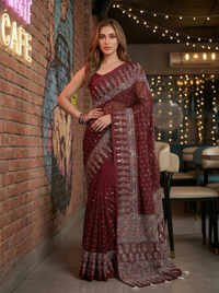 Mrs. SARDARNI Premium Embroidered Stone work Saree - Maroon
