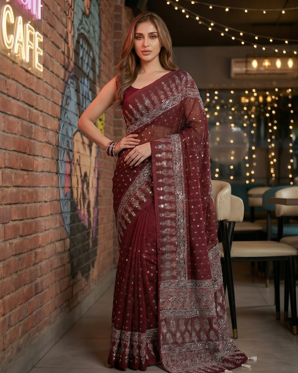 Mrs. SARDARNI Premium Embroidered Stone work Saree - Maroon