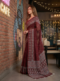 Mrs. SARDARNI Premium Embroidered Stone work Saree - Maroon
