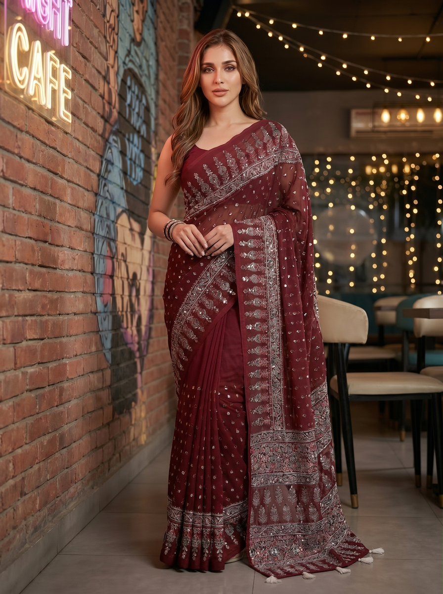 Mrs. SARDARNI Premium Embroidered Stone work Saree - Maroon