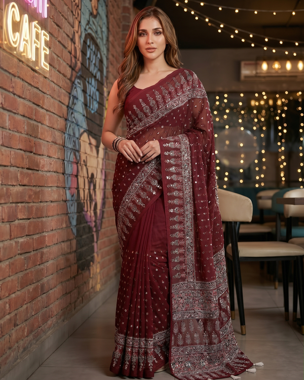 Mrs. SARDARNI Premium Embroidered Stone work Saree - Maroon
