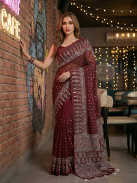 Mrs. SARDARNI Premium Embroidered Stone work Saree - Maroon