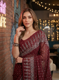 Mrs. SARDARNI Premium Embroidered Stone work Saree - Maroon
