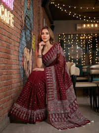 Mrs. SARDARNI Premium Embroidered Stone work Saree - Maroon