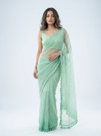Mrs. SARDARNI Premium Embroidered Net Saree - Mint Green