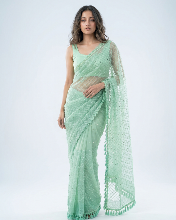 Mrs. SARDARNI Premium Embroidered Net Saree - Mint Green