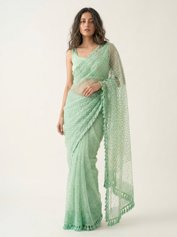 Mrs. SARDARNI Premium Embroidered Net Saree - Mint Green