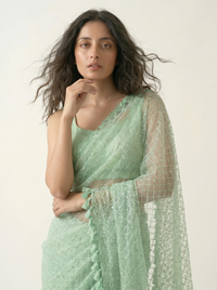 Mrs. SARDARNI Premium Embroidered Net Saree - Mint Green