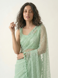 Mrs. SARDARNI Premium Embroidered Net Saree - Mint Green
