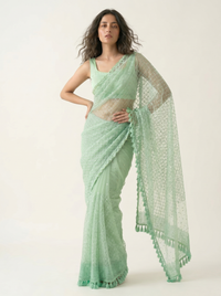 Mrs. SARDARNI Premium Embroidered Net Saree - Mint Green