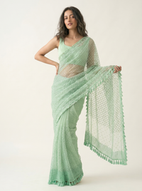 Mrs. SARDARNI Premium Embroidered Net Saree - Mint Green