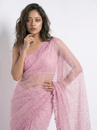 Mrs. SARDARNI Premium Embroidered Net Saree - Pink