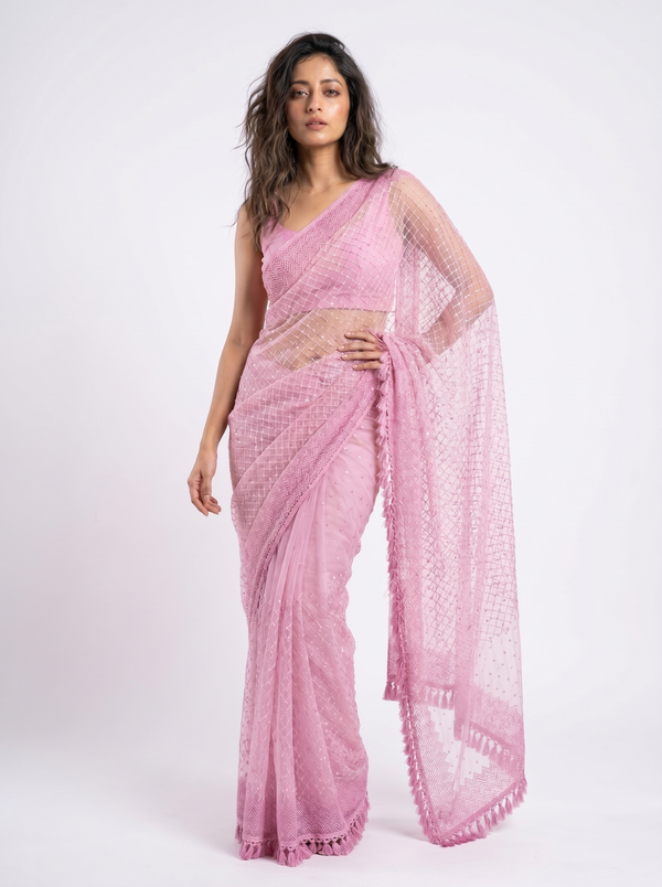 Mrs. SARDARNI Premium Embroidered Net Saree - Pink