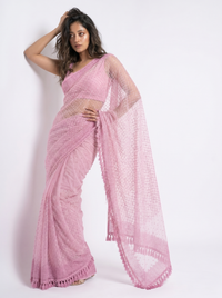 Mrs. SARDARNI Premium Embroidered Net Saree - Pink