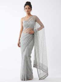 Mrs. SARDARNI Premium Embroidered Net Saree - Silver