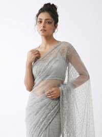 Mrs. SARDARNI Premium Embroidered Net Saree - Silver