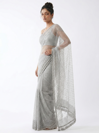 Mrs. SARDARNI Premium Embroidered Net Saree - Silver