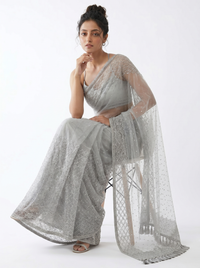 Mrs. SARDARNI Premium Embroidered Net Saree - Silver