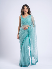 Mrs. SARDARNI Premium Embroidered Net Saree - Turquoise