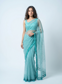 Mrs. SARDARNI Premium Embroidered Net Saree - Turquoise