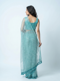 Mrs. SARDARNI Premium Embroidered Net Saree - Turquoise